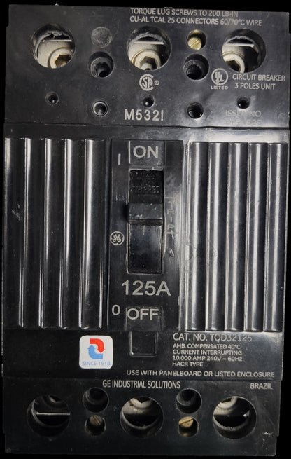 GE 125A Circuit Breaker 3 Pole 220V black electrical component with on off switch and multiple connection points