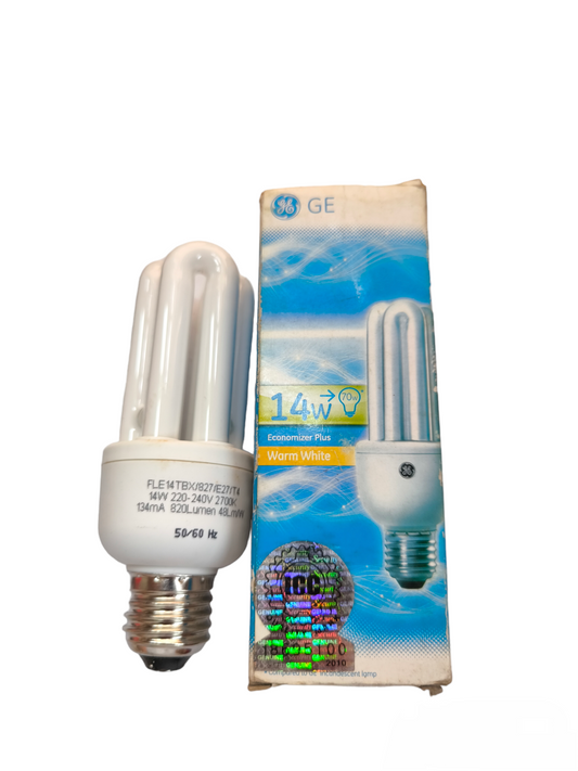 GE 14W CFL Warm White E27 220V compact fluorescent bulb with packaging showing bulb image