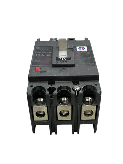 GE 15A 3Pole Industrial Circuit Breaker 220V with black durable casing and metal terminals