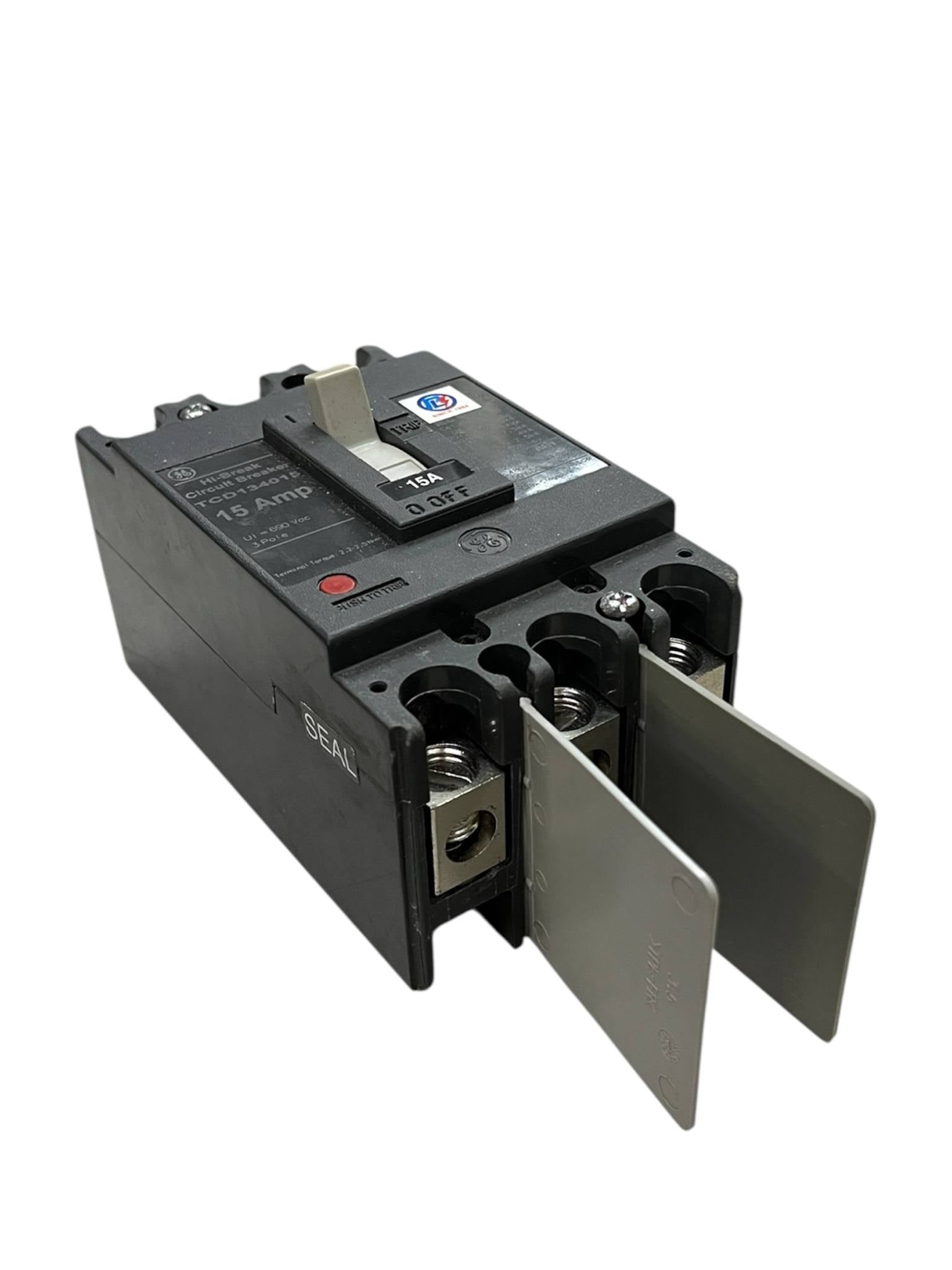 GE 15A 3Pole Industrial Circuit Breaker 220V with black housing and silver connectors