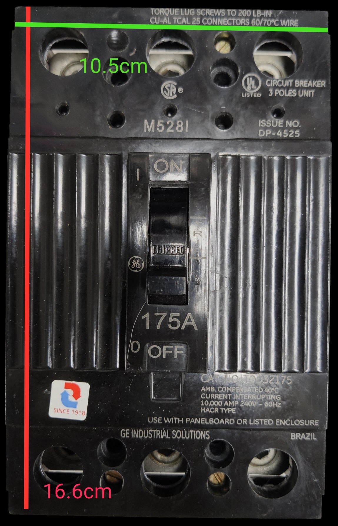 GE 175A 3 Phase 3 Pole Circuit Breaker with on off switch and industrial design