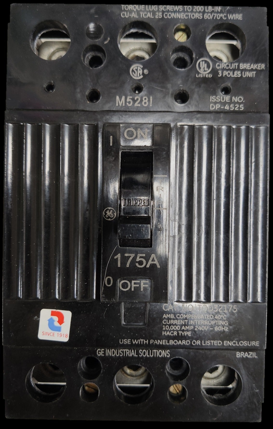 GE 175A 3 Phase 3 Pole Circuit Breaker black electrical component for industrial use