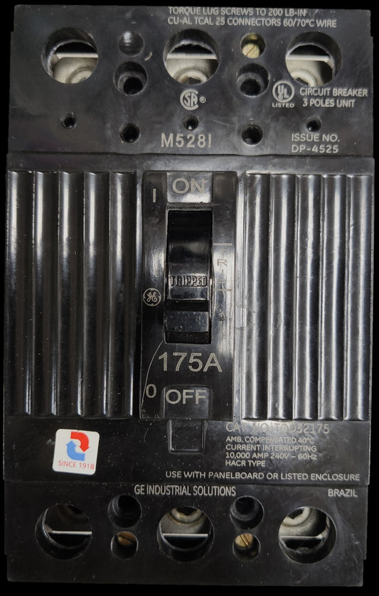 GE 175A 3 Phase 3 Pole Circuit Breaker black electrical component for industrial use