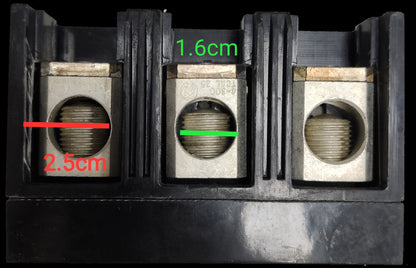 GE 175A 3 Phase 3 Pole Circuit Breaker with three metal connection points and black plastic housing