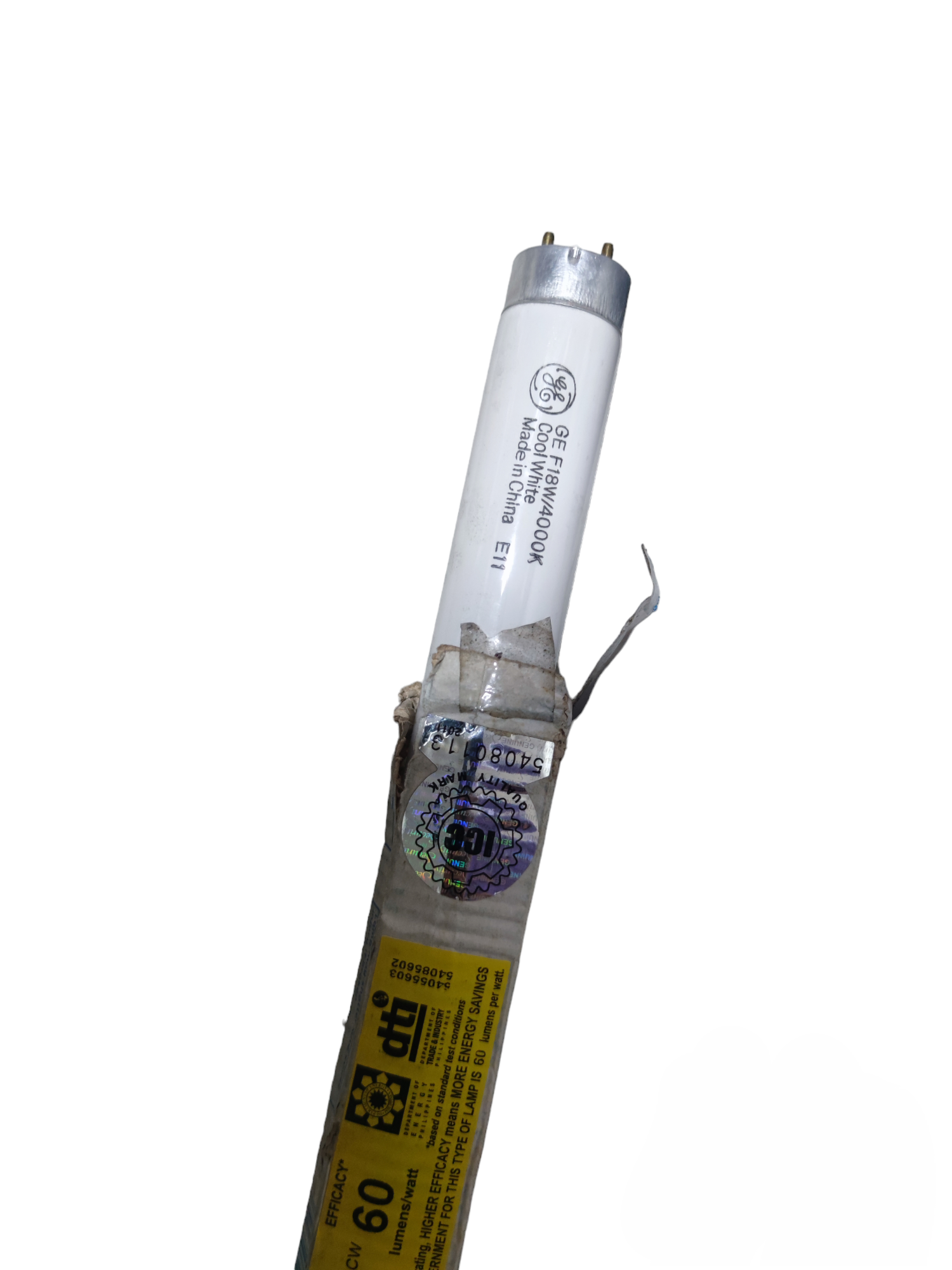 GE 18W T8 Fluorescent Tube Cool White compact fluorescent bulb with white casing and metal pins