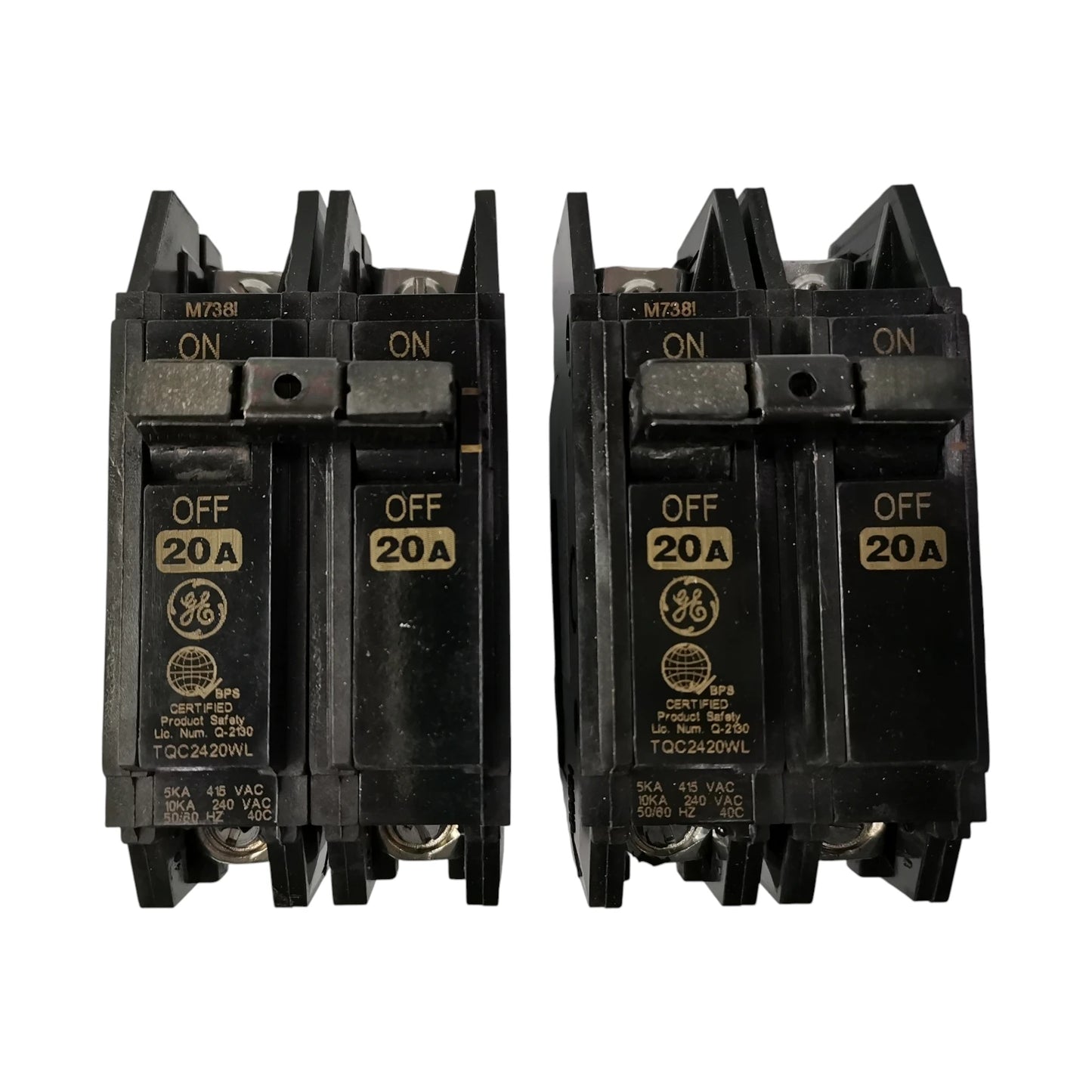20A 2 Pole GE TQC bolt-on breaker switches in an off position for electrical circuits