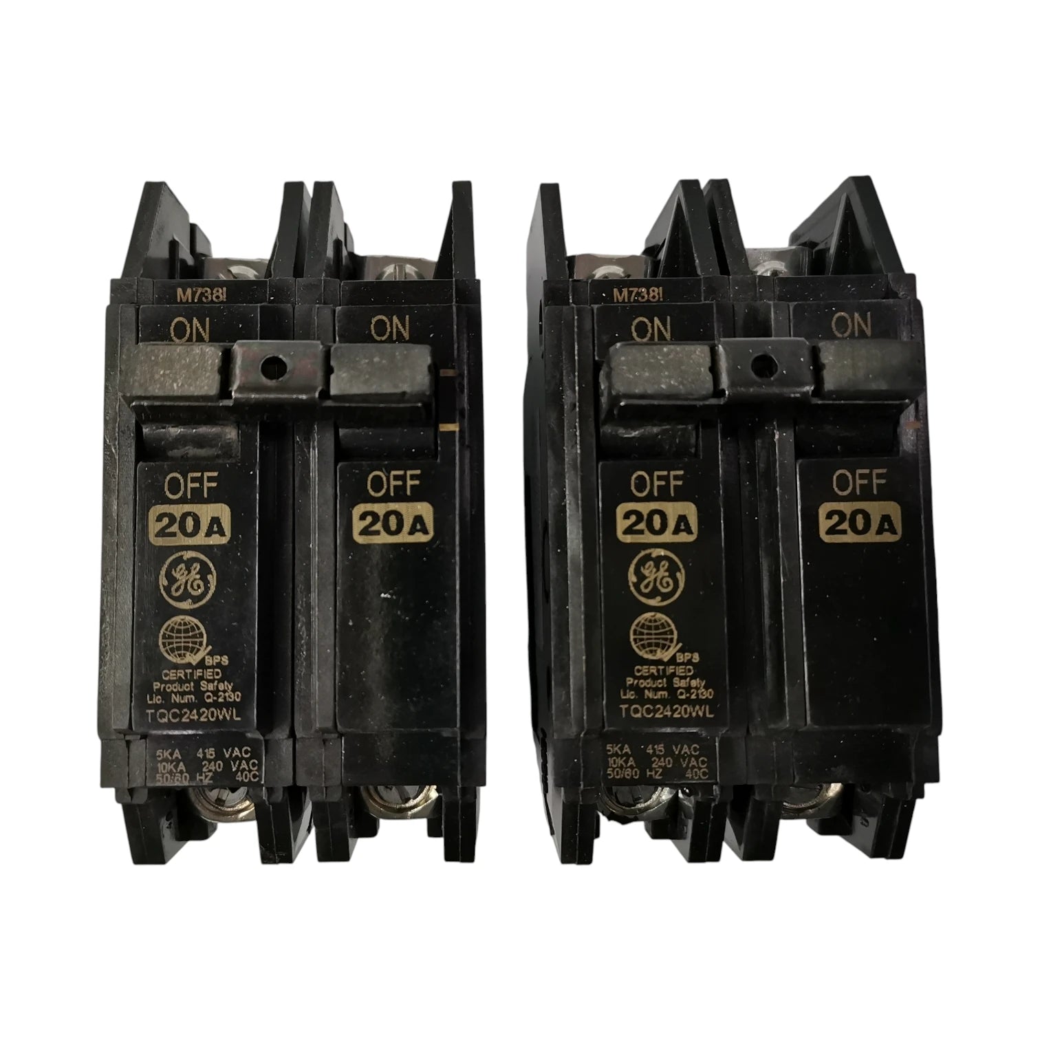 20A 2 Pole GE TQC bolt-on breaker switches in an off position for electrical circuits