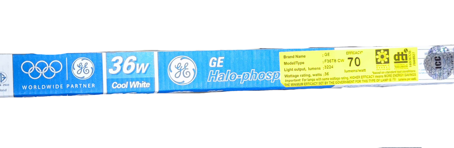 GE 36W T8 fluorescent tube compact fluorescent bulb in cool white with energy efficiency label