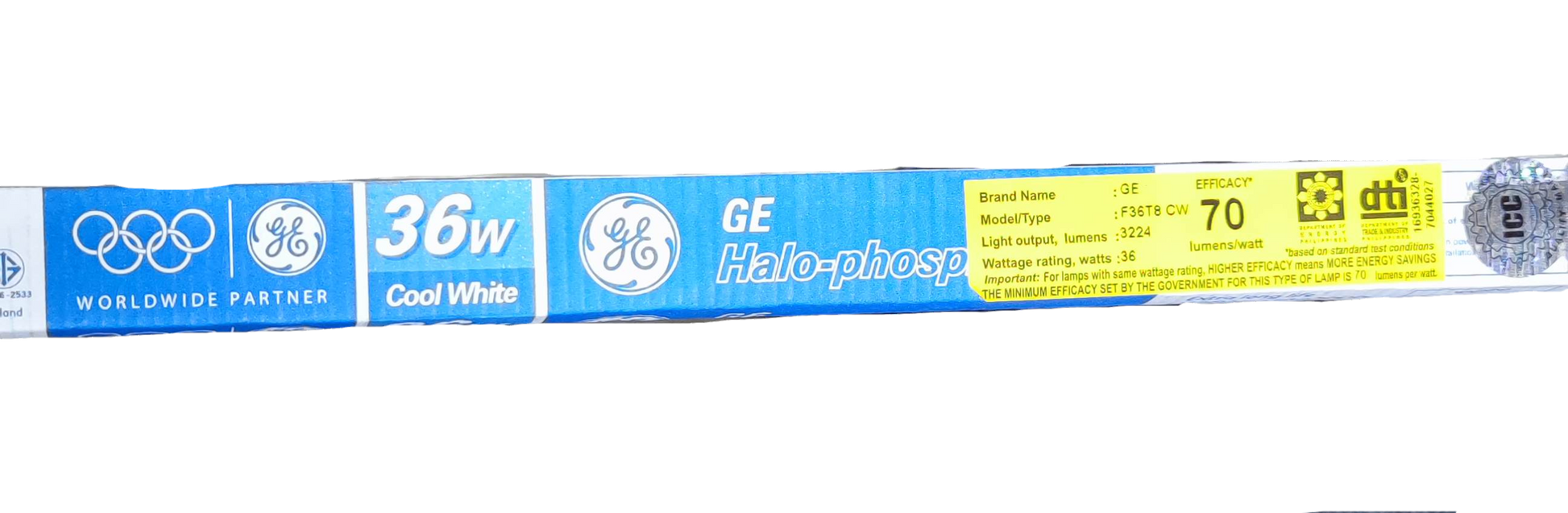 GE 36W T8 fluorescent tube compact fluorescent bulb in cool white with energy efficiency label