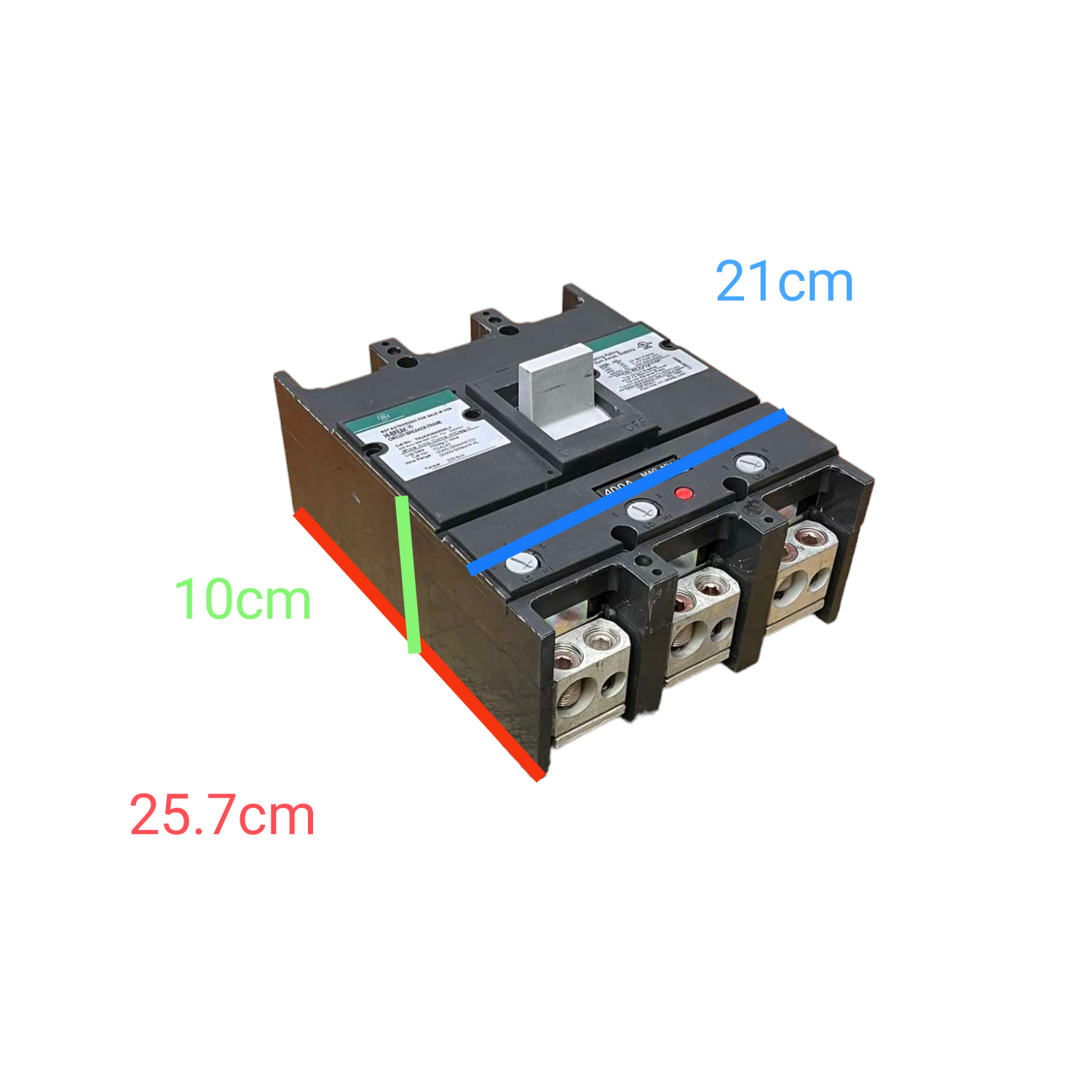 GE 400A 3 Pole Industrial Circuit Breaker with black body and three connection terminals