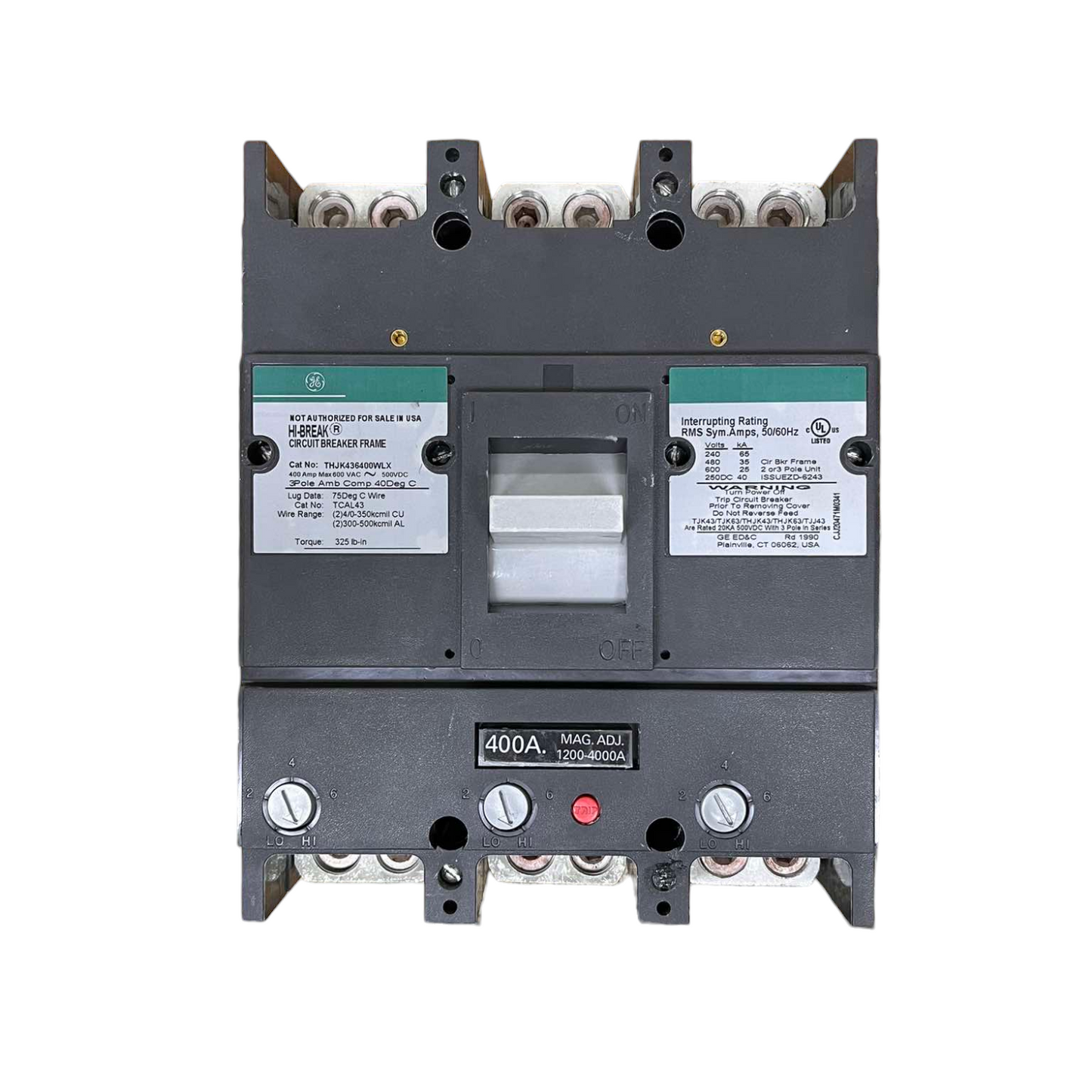 GE 400A 3 Pole Industrial Circuit Breaker electrical component with switch and labeling