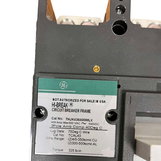 GE 400A 3 Pole Industrial Circuit Breaker with HI-BREAK circuit breaker frame and labeled specifications
