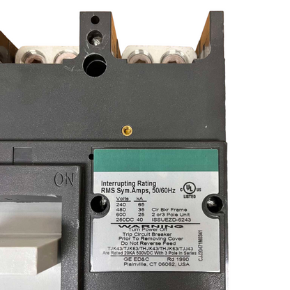 GE 400A 3 Pole Industrial Circuit Breaker with interrupting rating label and circuit break switch