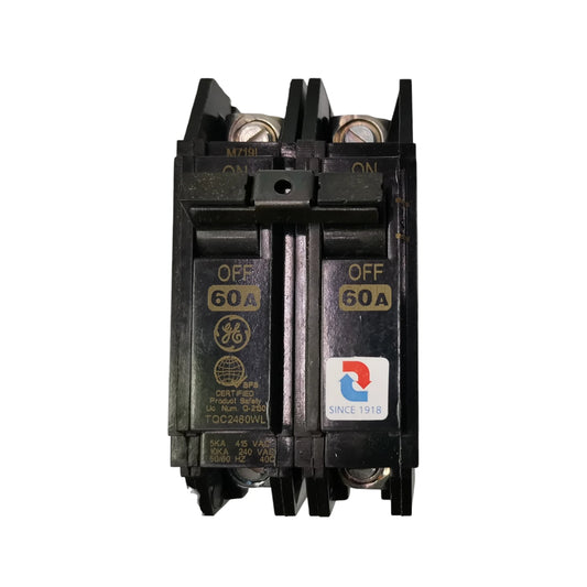 GE 60A Circuit Breaker 2 Pole TQC2460WL with off and on labels for electrical safety