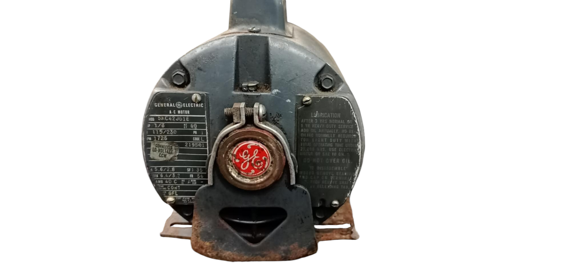 Front view of a vintage GE AC Motor with labeled specifications plate and central logo
