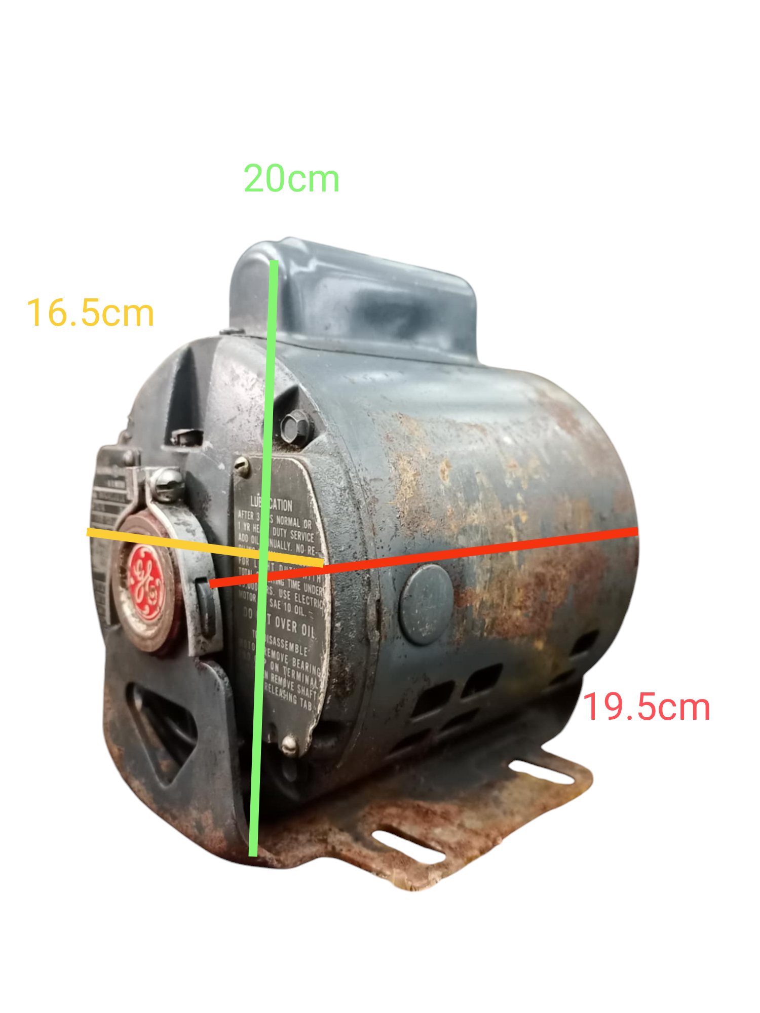Rusty GE AC Motor with metal casing and mounting bracket showing measurements