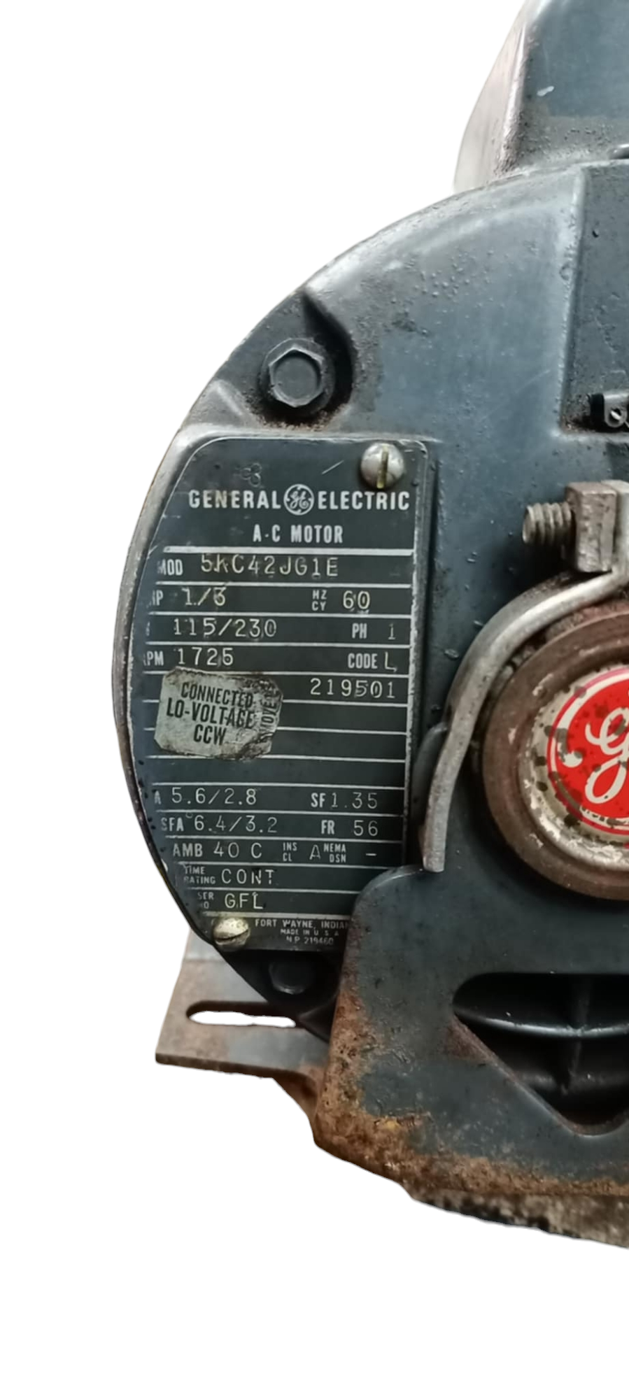 Close-up of a GE AC Motor label showcasing specifications on a General Electric electrical motor