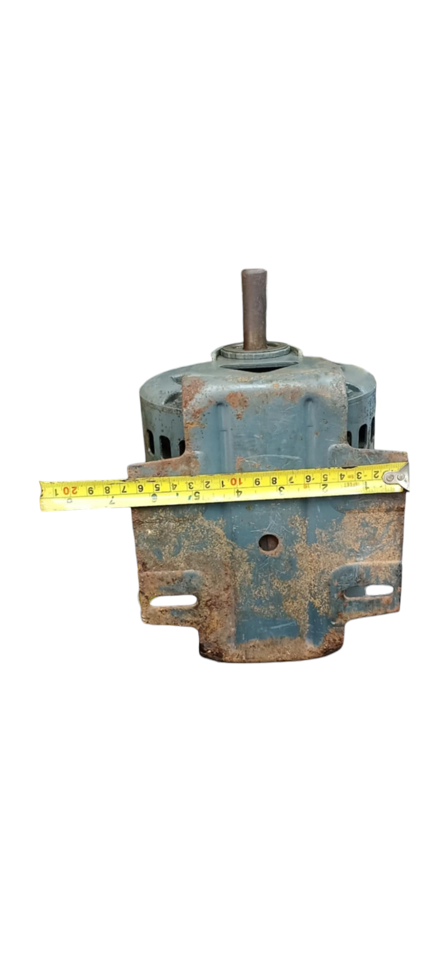 Rusty GE AC Motor with a tape measure showing its dimensions for electrical circuitry and parts