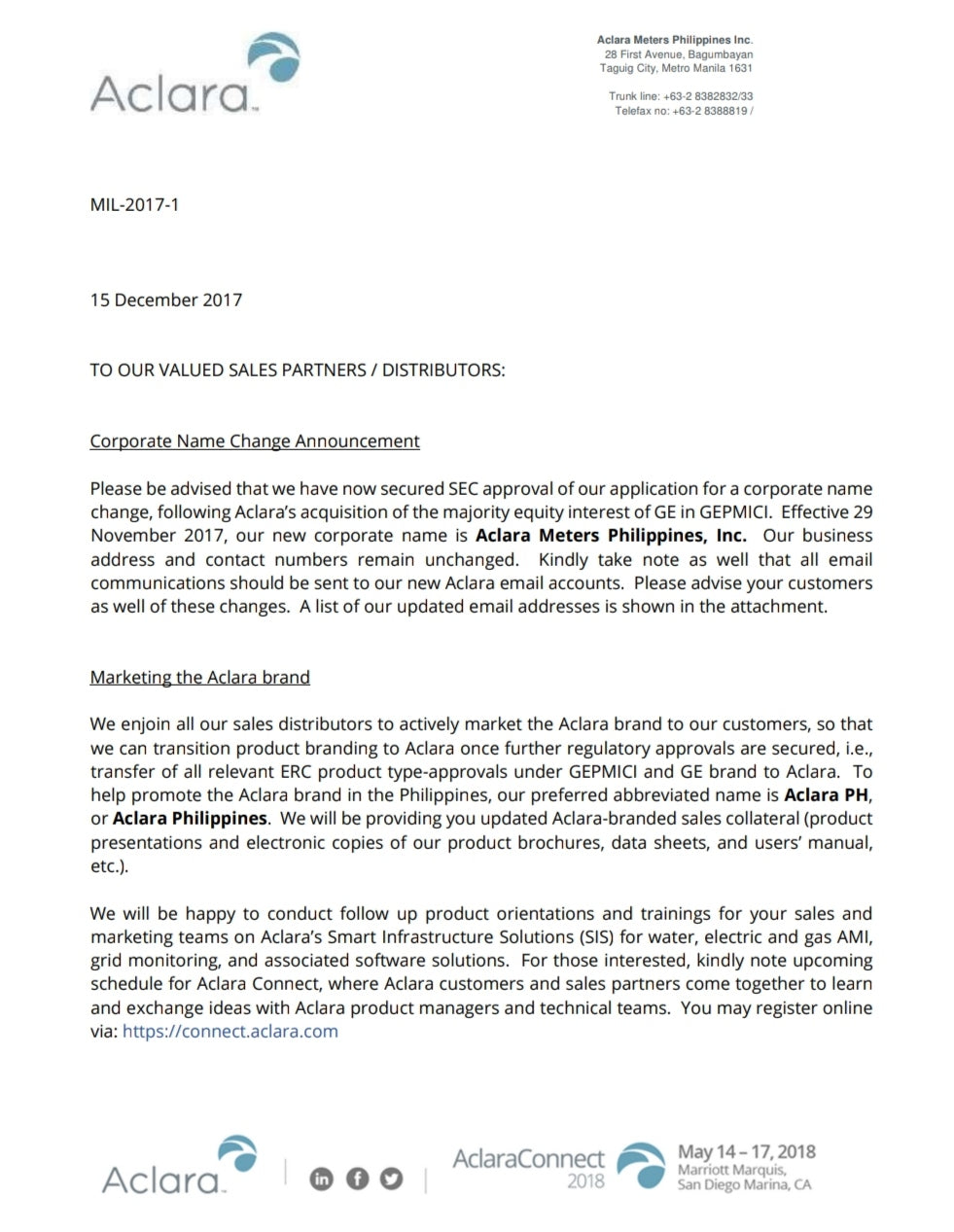 Official letter from Aclara about corporate updates for Alcara KV2C FM12S KWH Meter product line