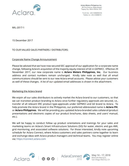 Official letter from Aclara about corporate updates for Alcara KV2C FM12S KWH Meter product line