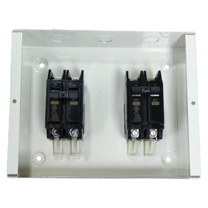 GE Koten electrical switchgear with two circuit breakers mounted in a protective white enclosure