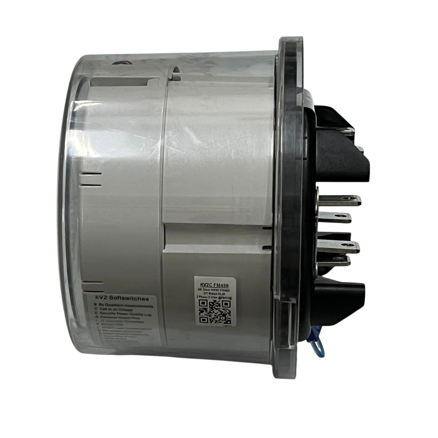 Aclara KV2C FM45S KWH Electric Meter side view showing clear casing and terminal connections