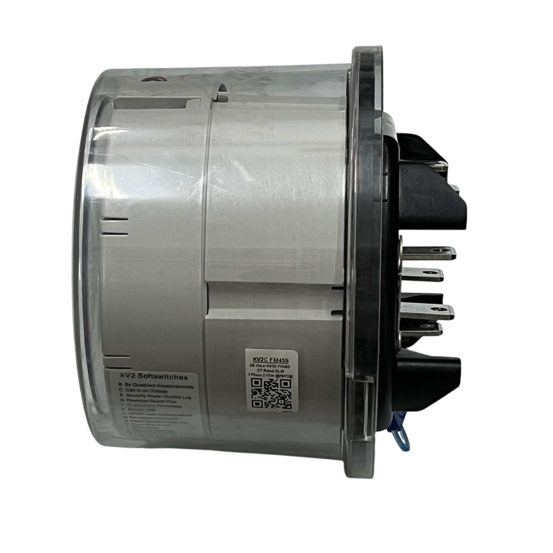 Aclara KV2C FM45S KWH Electric Meter side view showing clear casing and terminal connections