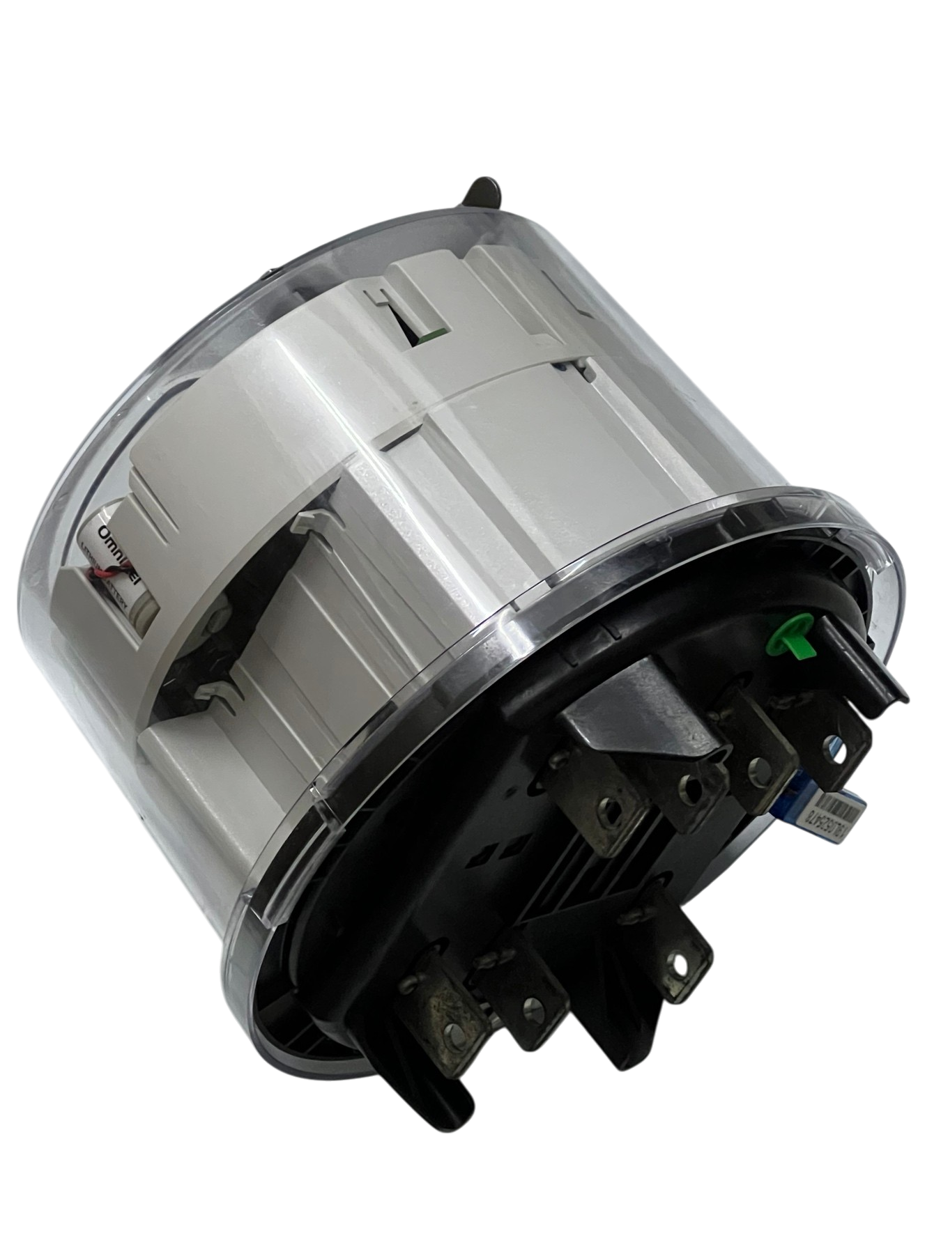 GE and Aclara 3 phase KWH electric meter with clear protective casing and multiple wiring terminals