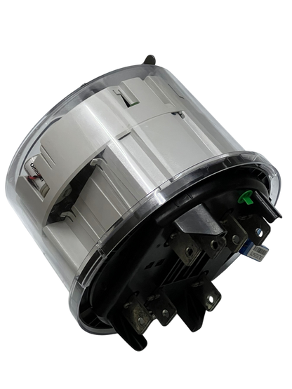 GE and Aclara 3 phase KWH electric meter with clear protective casing and multiple wiring terminals