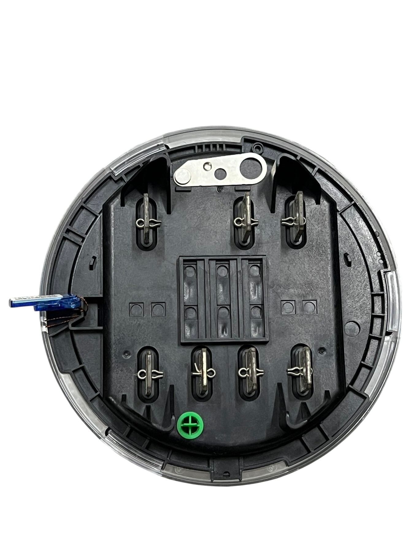 GE and Aclara 3 phase KWH electric meter base with black circular housing and terminal connections