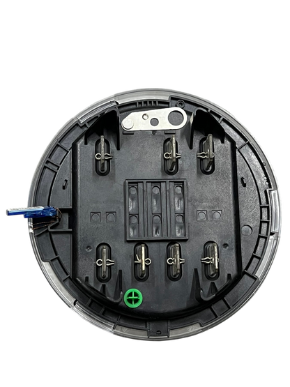 GE and Aclara 3 phase KWH electric meter base with black circular housing and terminal connections