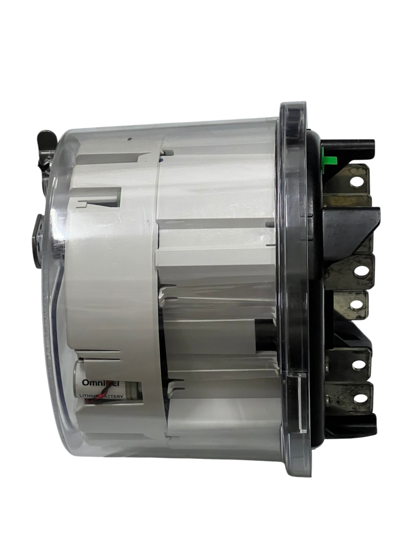 GE and Aclara 3 phase KWH electric meter with clear plastic casing for electrical circuitry and parts