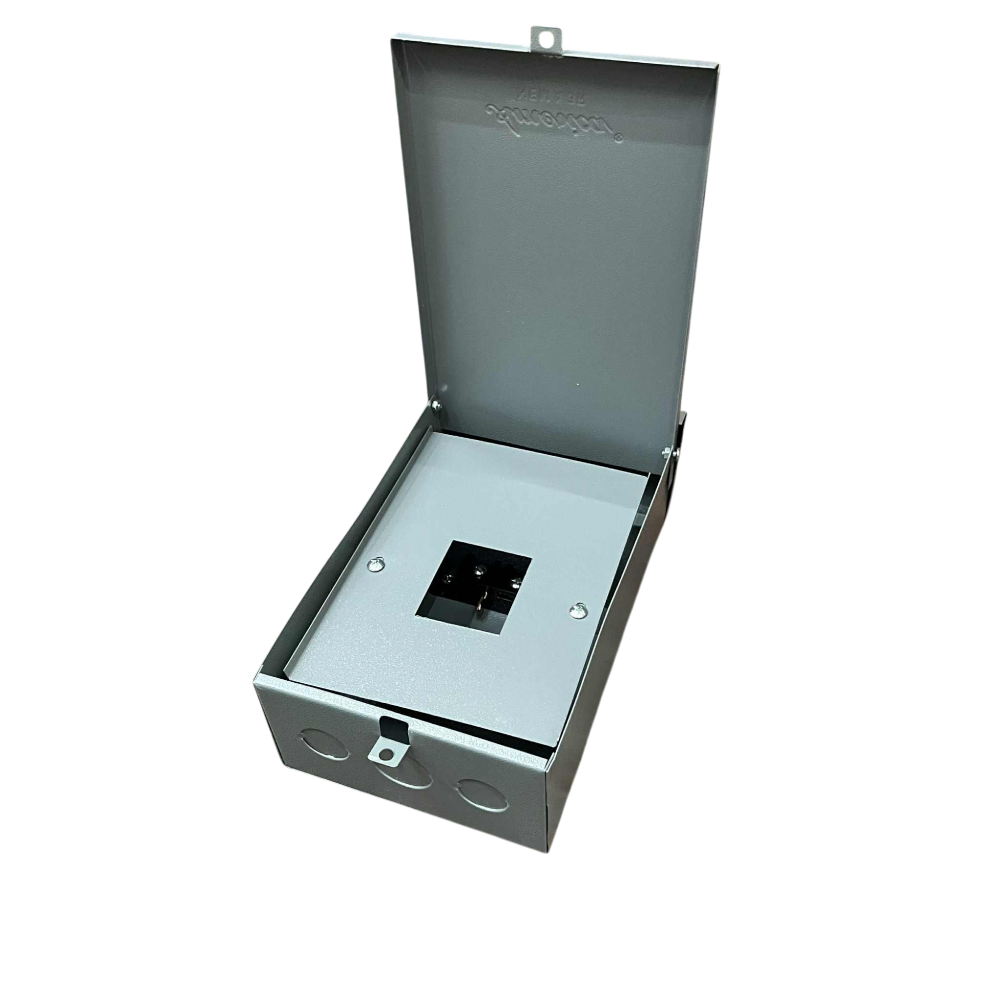 Open GE TQL 2 pole breaker housing in silver for electrical circuit protection