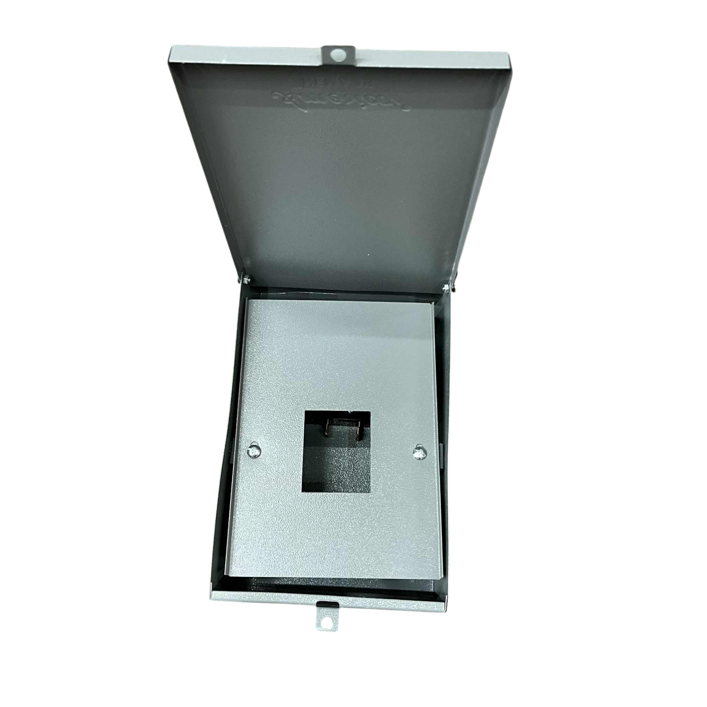 Open GE TQL 2 pole breaker housing in silver for electrical circuitry and parts installations