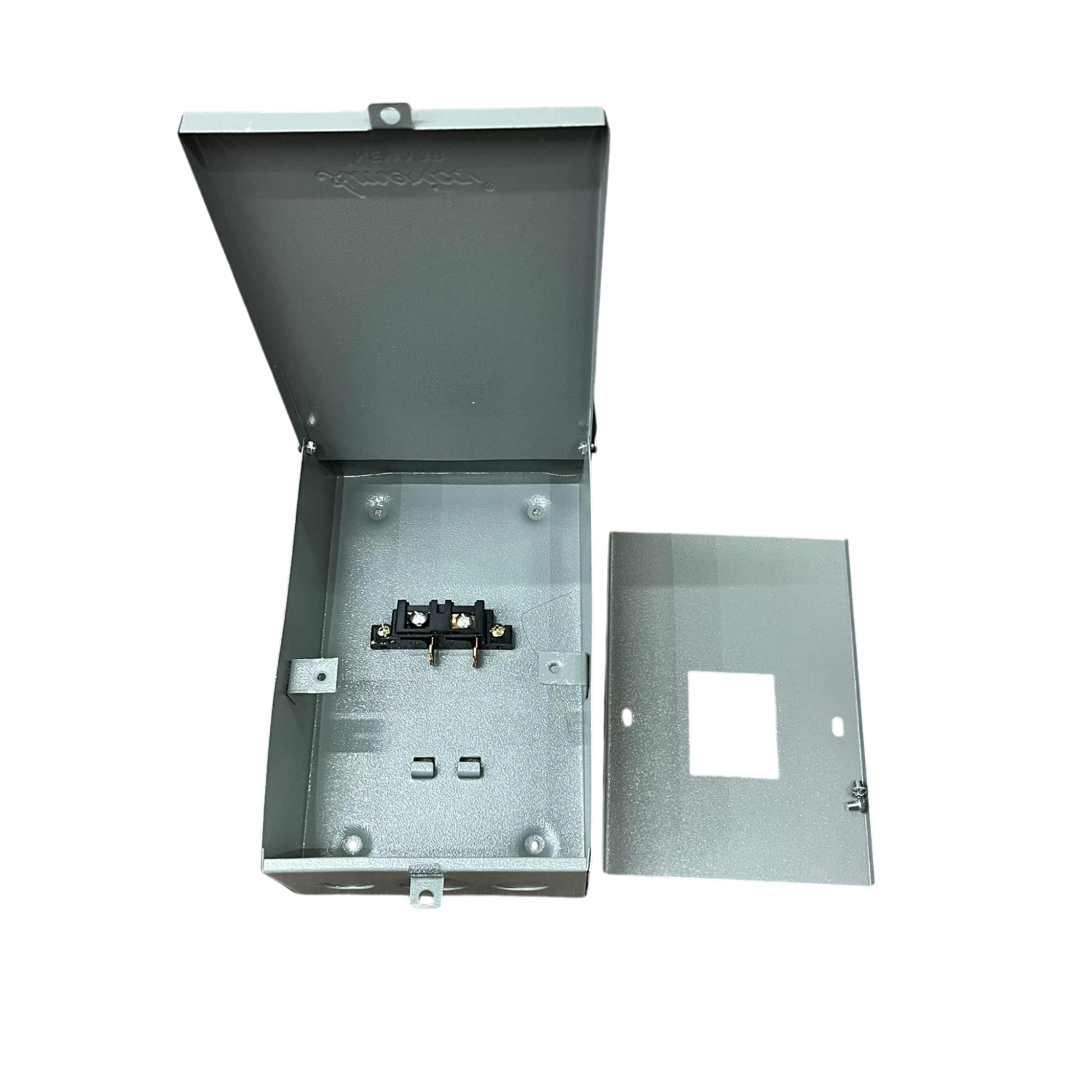 GE TQL 2 pole breaker housing in silver with removable cover for electrical circuitry applications