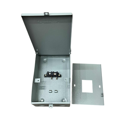 GE TQL 2 pole breaker housing in silver with removable cover for electrical circuitry applications