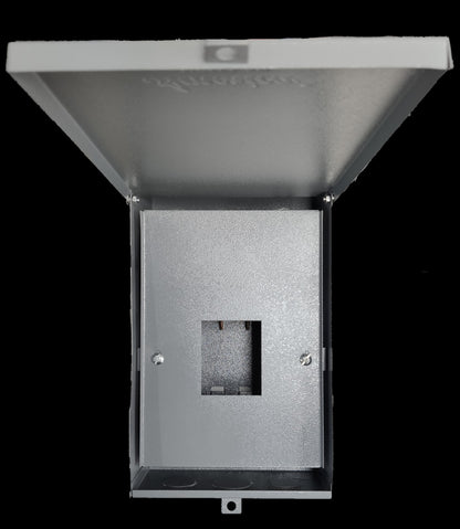 GE TQL 2 pole breaker housing made of durable metal with a hinged lid for electrical circuit protection