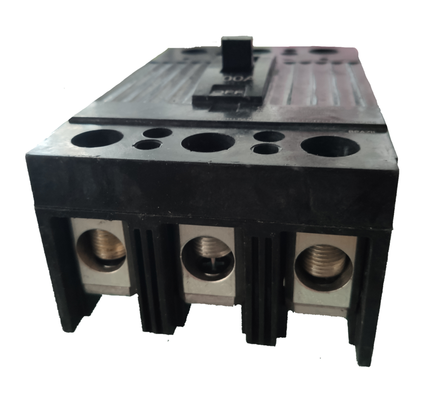 GE 150A 3 Phase 3 Pole Circuit Breaker 220V in black with metal terminals for electrical circuitry