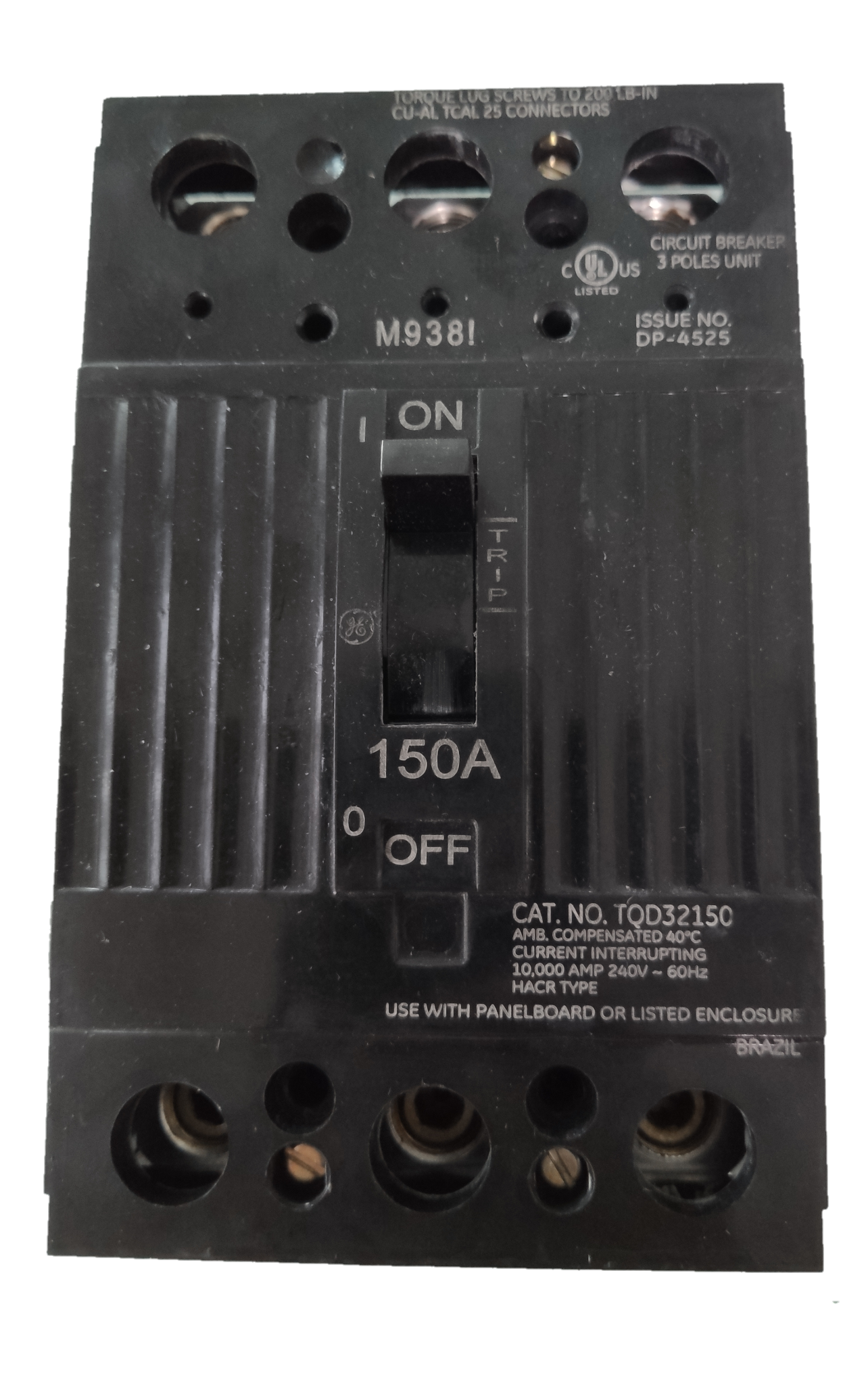 GE 150A 3 Phase 3 Pole Circuit Breaker 220V with black casing and ON OFF switch