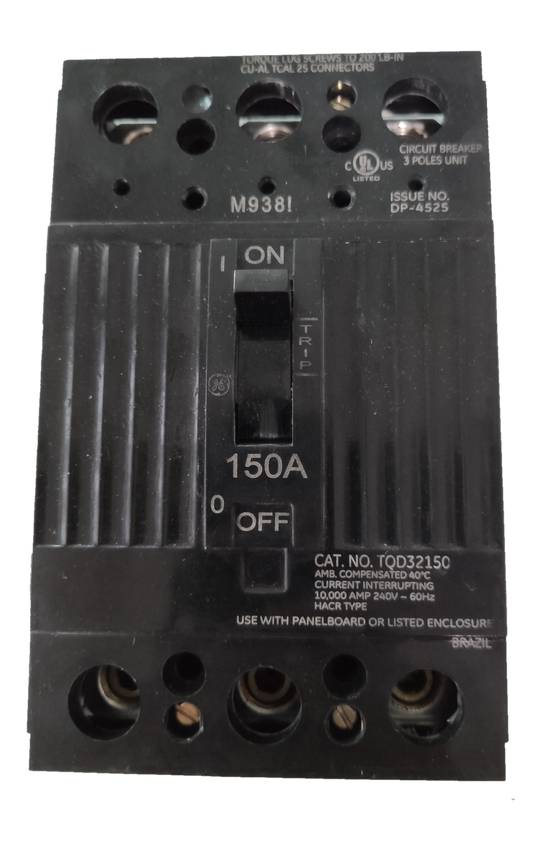 GE 150A 3 Phase 3 Pole Circuit Breaker 220V with black casing and ON OFF switch