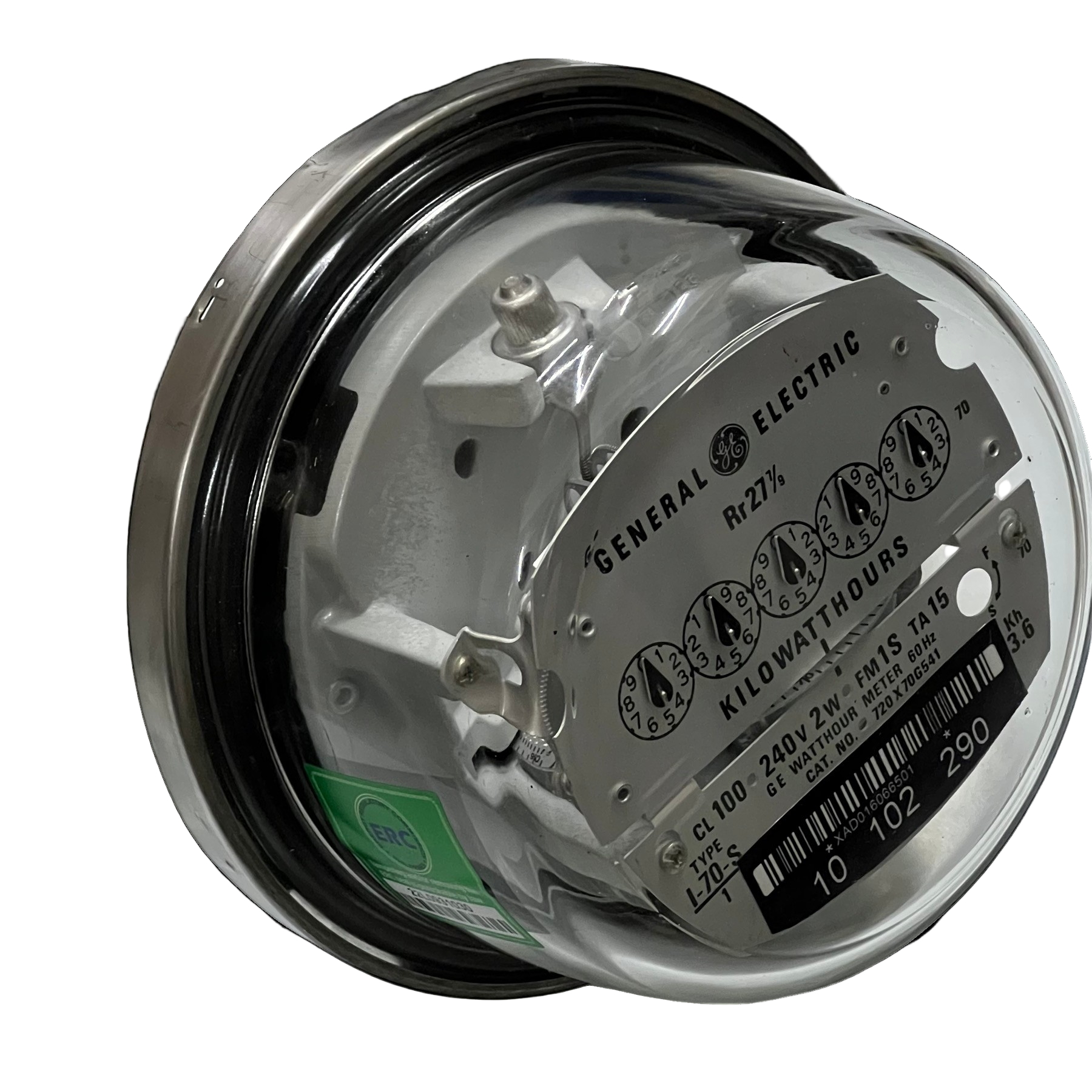 GE 2 Wire CL100 I70-S 4 Jaws Analog Meter round glass housing showing dials serial plate and terminals