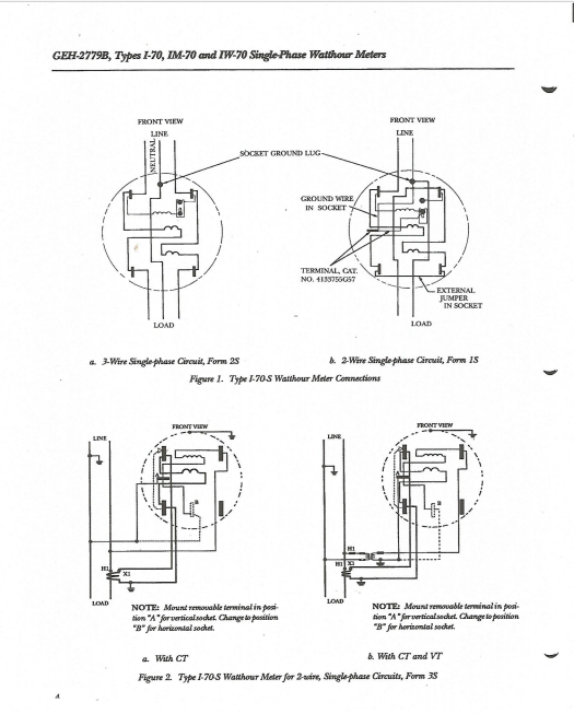 2 Wire CL100 I70-S 4 Jaws Analog Meter wiring diagram for GE single phase watt hour meter socket and terminals