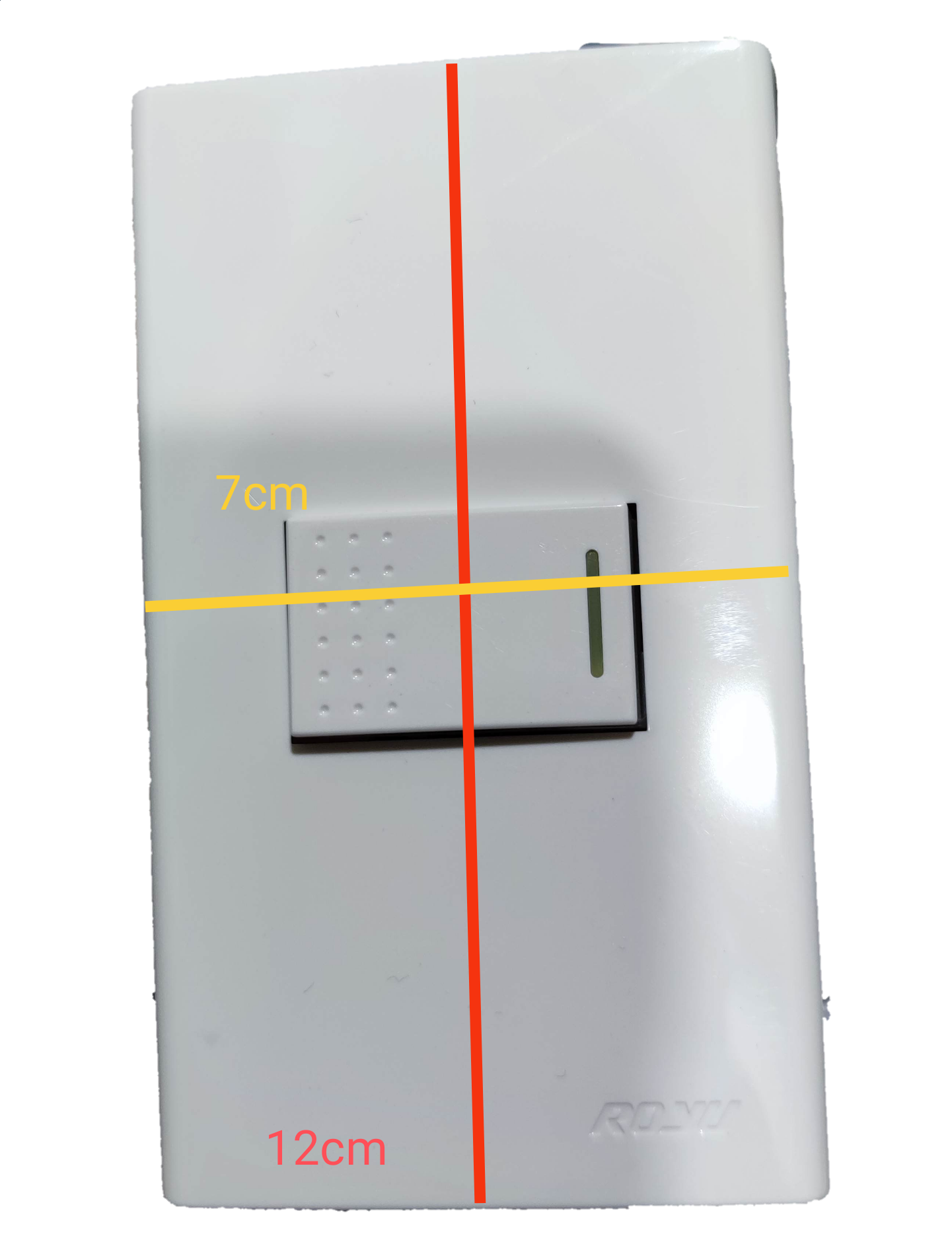 Royu 1 gang 1 way switch with plate in white color measuring 7cm by 12cm