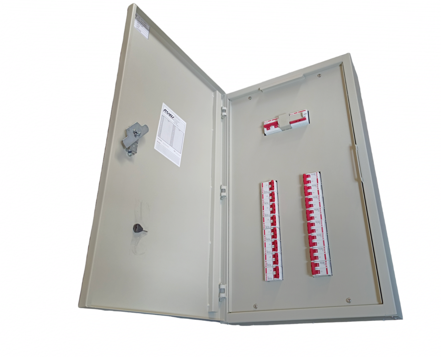 Himel 100A 2 pole circuit breaker panel with multiple switches inside a metal enclosure