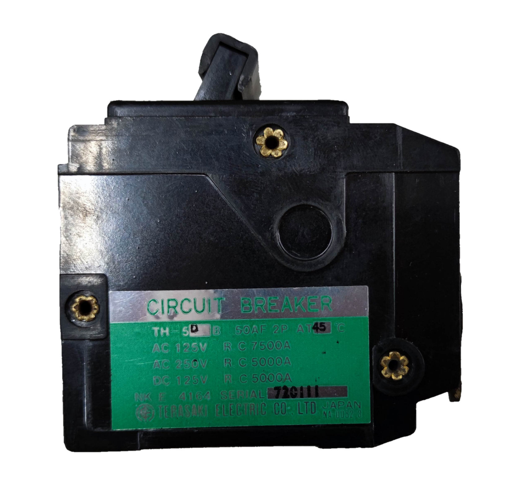 Terasaki 10A Circuit Breaker 2 Pole 220V black electrical circuitry part with green label