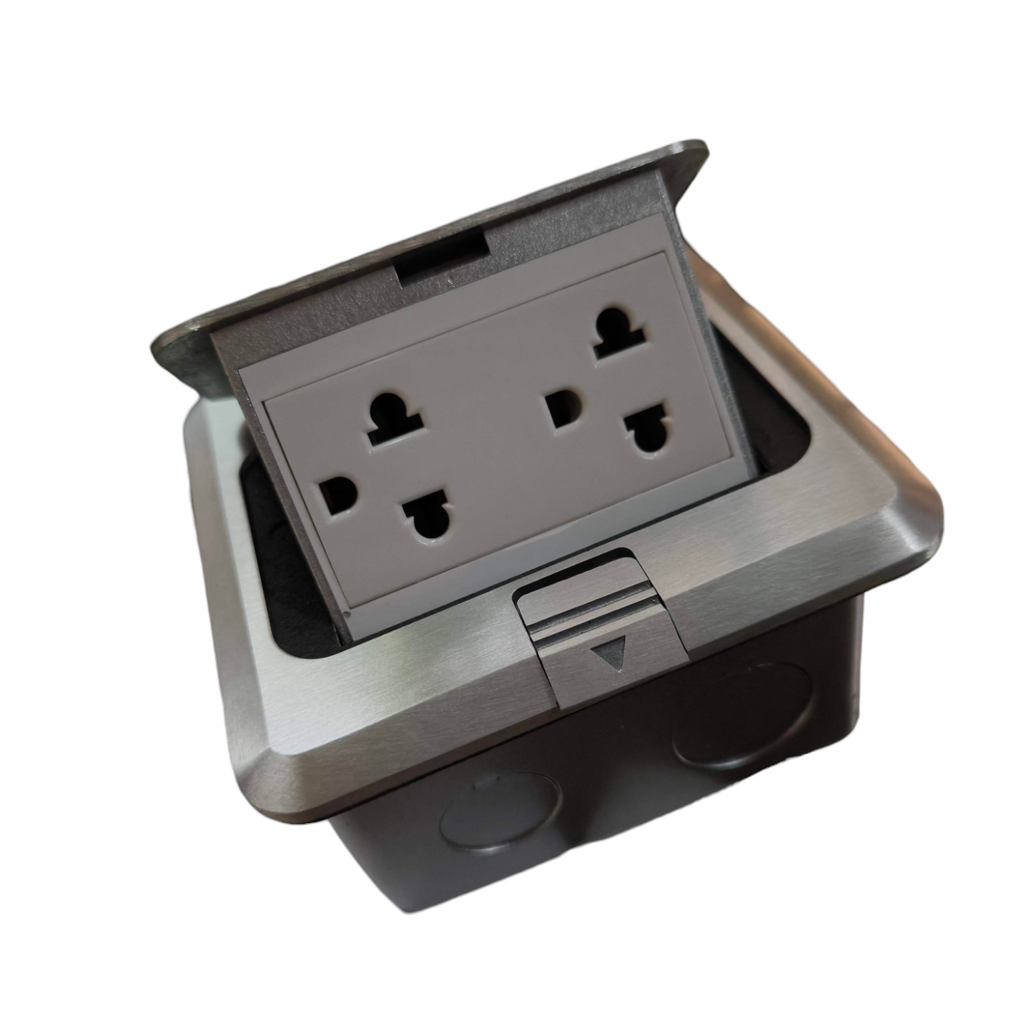 T and J pop up floor power box with stainless trim showing 15A 250V floor outlet Duplex with Ground and hinged lid