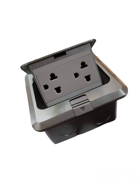 T and J pop up floor power box with stainless trim showing 15A 250V floor outlet Duplex with Ground and hinged lid