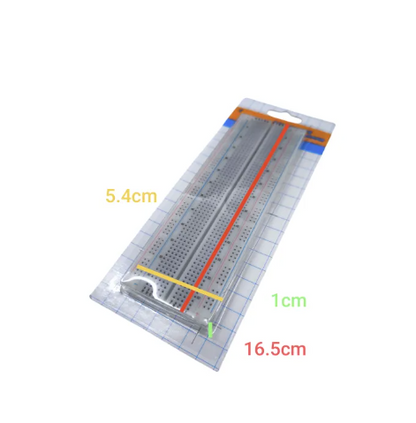 165mm x 54mm electronic bread board in clear packaging with measurement markings