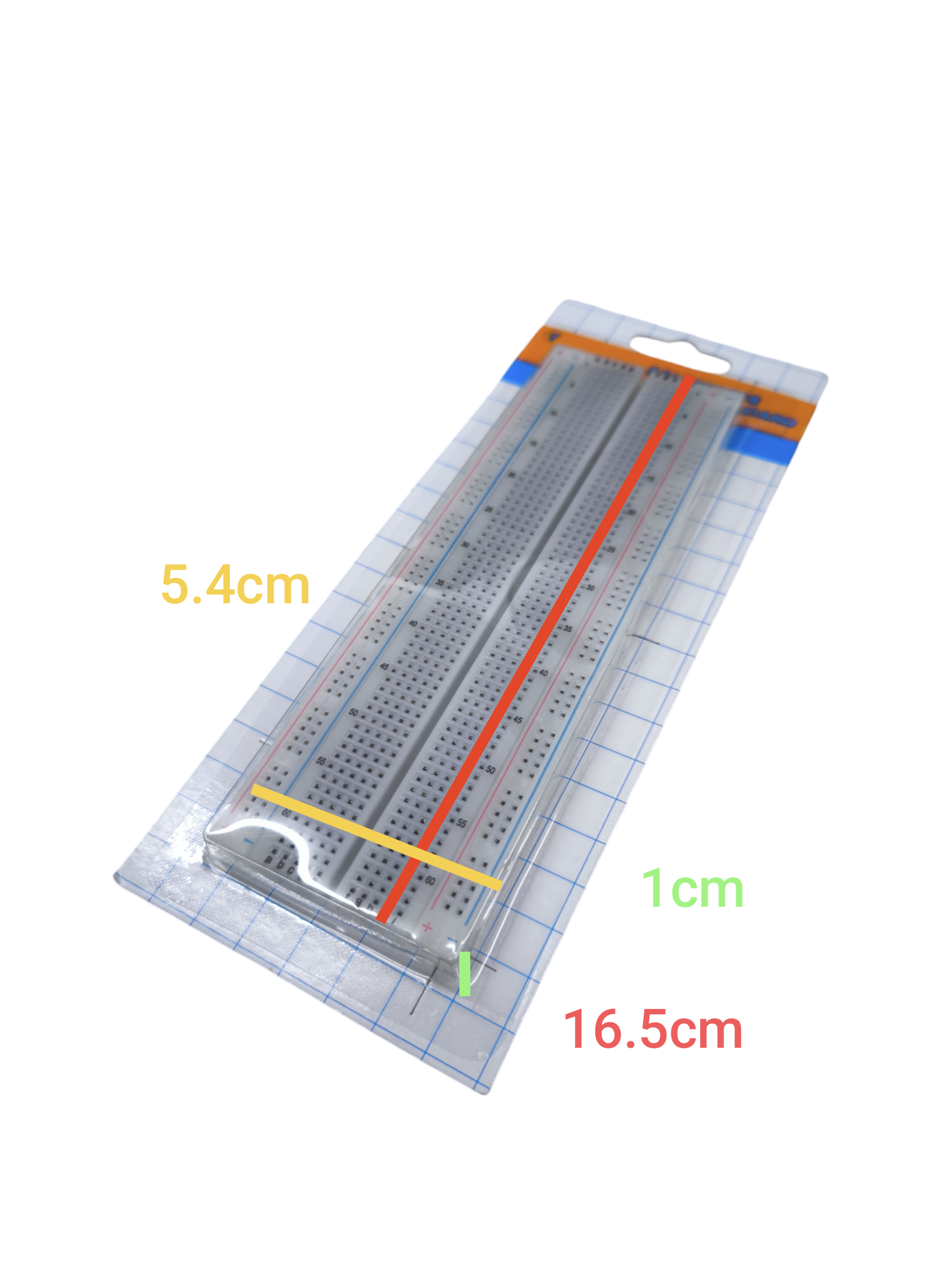 165mm x 54mm electronic bread board in clear packaging for electrical circuitry and parts