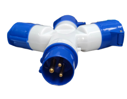 Grippes 16A industrial connector splitter with three blue and white power sockets for heavy-duty electrical use